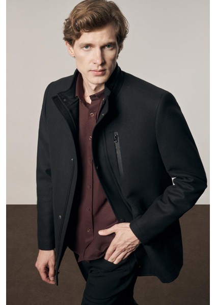 Siyah Dik Yaka Tam Astar Classic Slim Fit Esnek Kaşe Kaban 1008255150