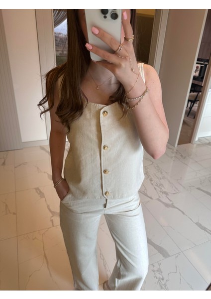 Yelekli Keten Takım - Taş