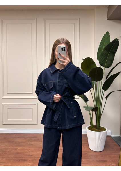 Beli Kuşaklı Kot Takım - Lacivert