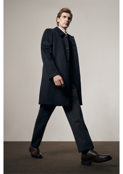 Koyu Lacivert 110 cm Kaşe Düz Sırt Kapitoneli Astar Comfort Fit Classic Palto 1005255154
