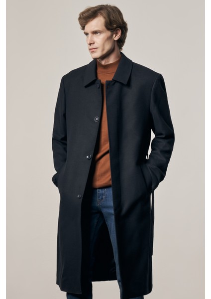 Koyu Lacivert 115 cm Kaşe Polo Yaka Düz Esnek Garnisiz-Biyesiz Comfort Fit Palto 1005245150