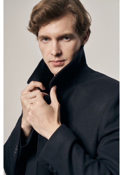 Koyu Lacivert 115 cm Kaşe Polo Yaka Düz Esnek Garnisiz-Biyesiz Comfort Fit Palto 1005245150 fırsatları