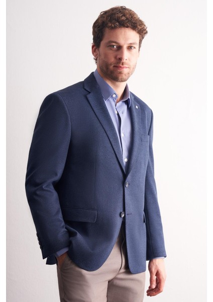 Lacivert Mono Yaka Kendinden Desenli Pamuklu 4 Drop Comfort Fit Classic Ceket 1002255158