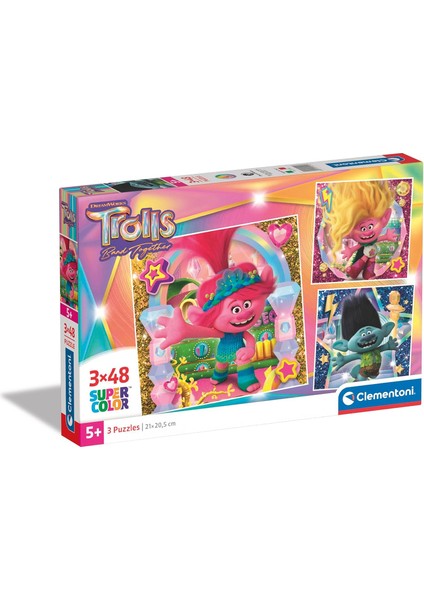 25292 Trolls 3 Supercolor 3-3X48 Parça Dahil, Yapboz Çocuklar 5 Yaş, Yapboz Karikatür