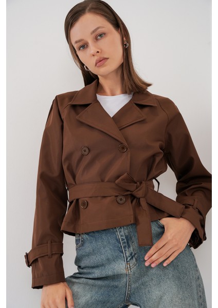 Kadın Kemerli Kısa Trençkot 5970 - Kahverengi