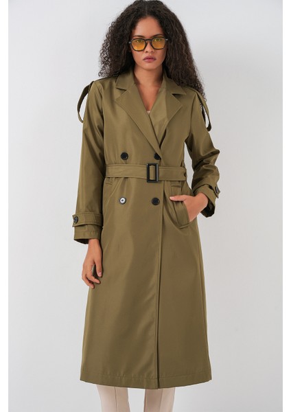 5941 Kruvaze Yaka Uzun Trençkot - Haki