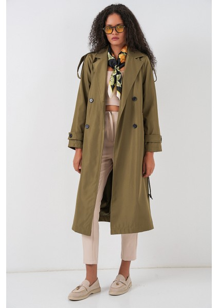 5941 Kruvaze Yaka Uzun Trençkot - Haki fiyatları