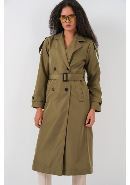 5941 Kruvaze Yaka Uzun Trençkot - Haki modelleri