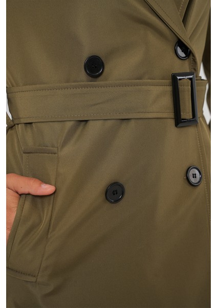 5941 Kruvaze Yaka Uzun Trençkot - Haki indirimleri