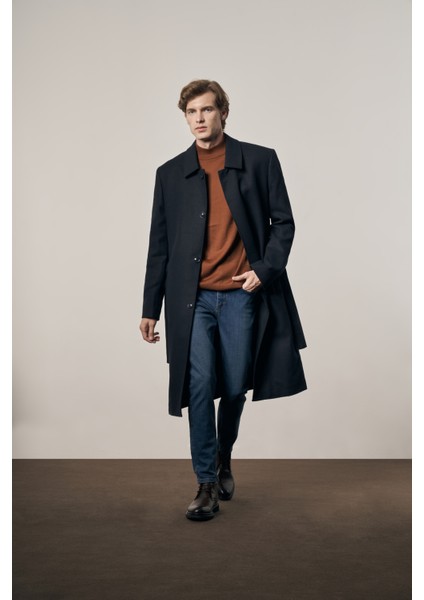 Koyu Lacivert 115 cm Kaşe Polo Yaka Düz Esnek Garnisiz-Biyesiz Comfort Fit Palto 1005245150 fiyatları