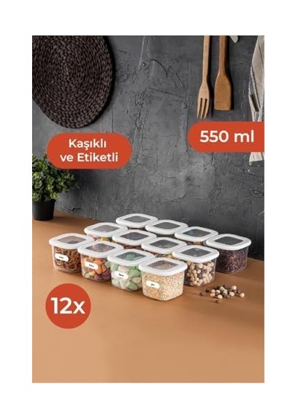Foly 12'li Set Küçük Boy 0,55 Litre Etiketli Kaşıklı Kare Erzak Saklama Kabı Beyaz fiyatları