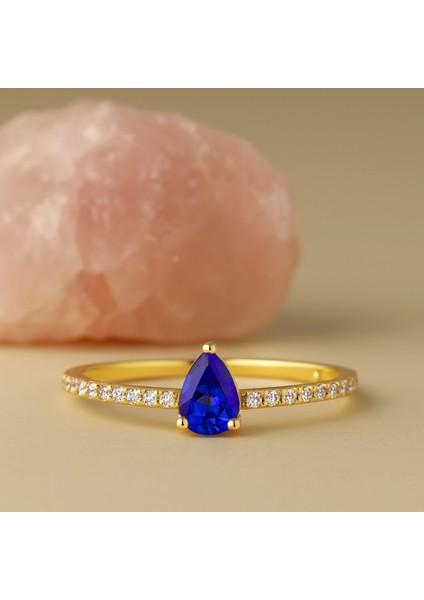 14 Ayar Altın Damla Kesim Safir Yüzük