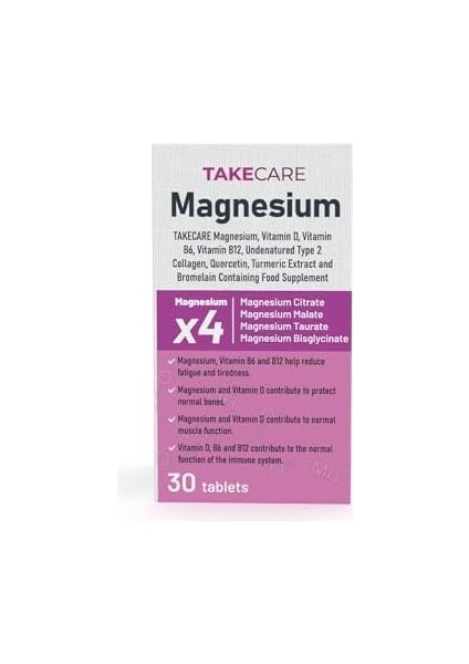 Takecare 4xmagnezyum, D Vitamini, Vitamin B6 ve B12, Doğası Değiştirilmemiş Tip 2 Kollajen, Kuersetin, Zerdeçal Ekstresi ve Bromelain Içeren 30 Tablet
