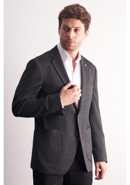 Siyah Mono Yaka Kendinden Desenli Esnek 6 Drop Comfort Fit Classic Ceket 1002255154