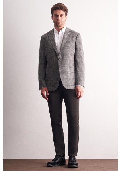 Siyah Mono Yaka Ekose Desen Pamuklu 6 Drop Comfort Fit Classic Ceket 1002255152