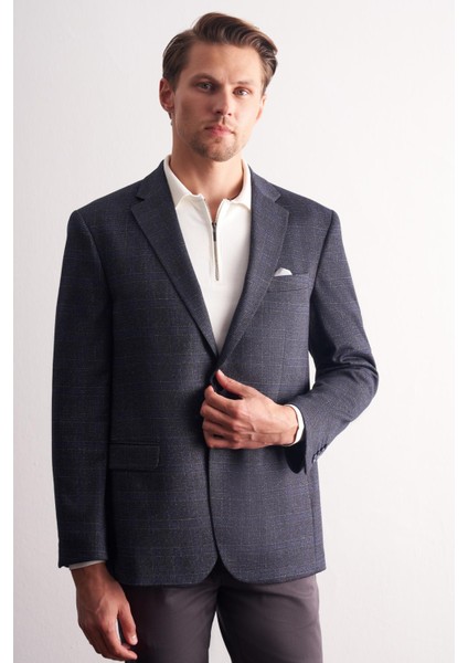 Lacivert Mono Yaka Kareli Desen Esnek 4 Drop Comfort Fit Classic Ceket 1002255156