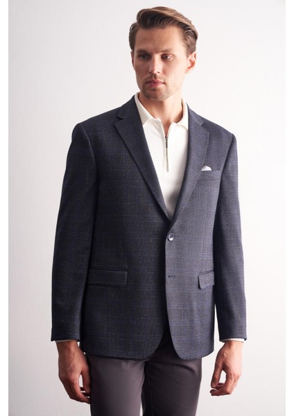 Lacivert Mono Yaka Kareli Desen Esnek 4 Drop Comfort Fit Classic Ceket 1002255156 modelleri