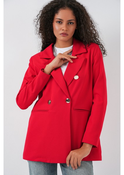 Kadın Kruvaze Yaka Blazer Ceket 0722 - Kırmızı
