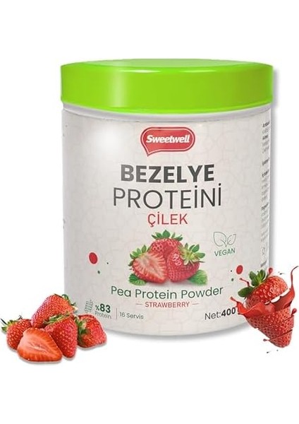 Sweetwell Çilek Aromalı Vegan Bezelye Proteini Tozu 400 gr -%83 Protein Içerir Pae Protein Powder Strawberry