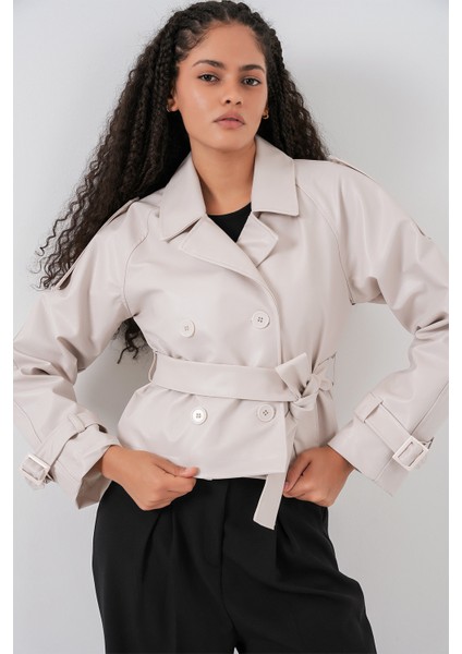 Kadın Kemerli Suni Deri Ceket 1046 - Ekru