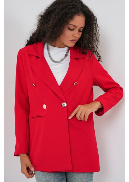 Kadın Kruvaze Yaka Blazer Ceket 0722 - Kırmızı fırsatları