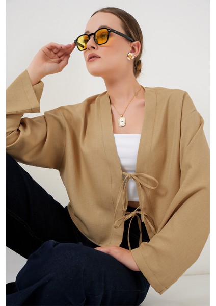 Önü Bağlamalı Keten Kimono 960 - Bisküvi
