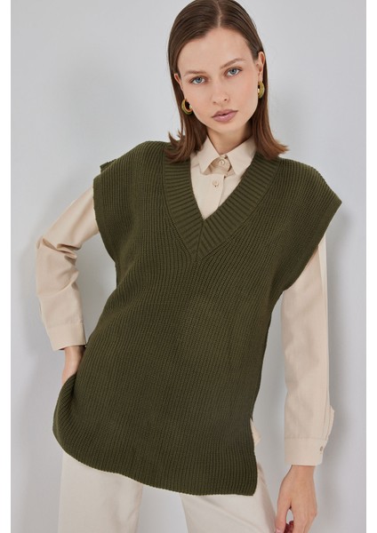 Kadın V Yaka Triko Süveter 15925 - Haki