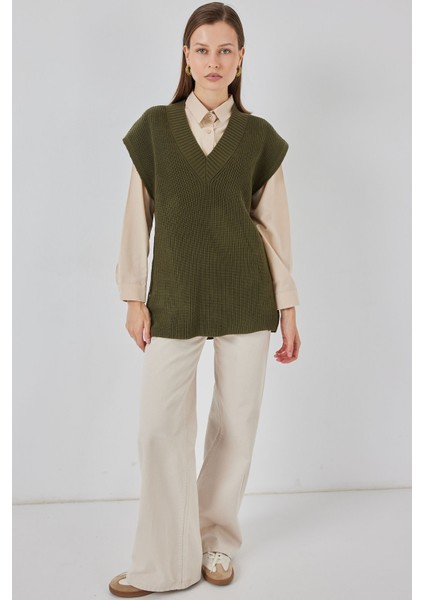 Kadın V Yaka Triko Süveter 15925 - Haki modelleri
