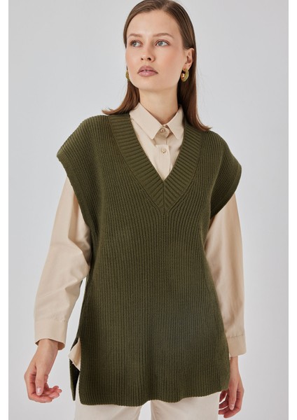 Kadın V Yaka Triko Süveter 15925 - Haki fırsatları