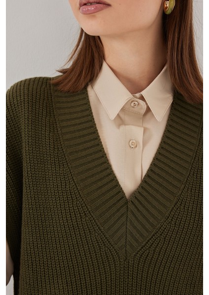 Kadın V Yaka Triko Süveter 15925 - Haki indirimleri