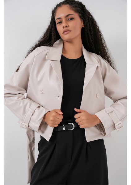 Kadın Kemerli Suni Deri Ceket 1046 - Ekru modelleri