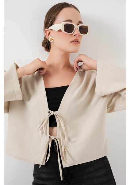 Önü Bağlamalı Keten Kimono 960 - Ekru