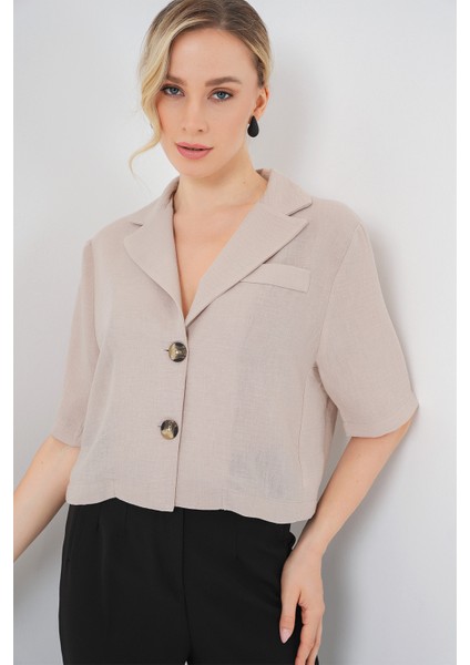 0706 Crop Keten Ceket - Bej fırsatları