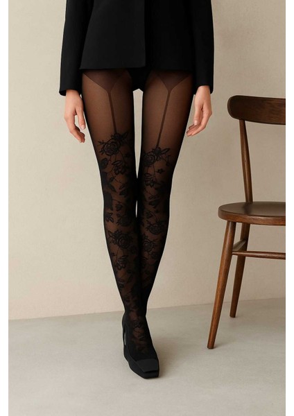 Jartiyer Görünümlü Gül Desenli Siyah Külotlu Çorap - Rose Hold Up modelleri