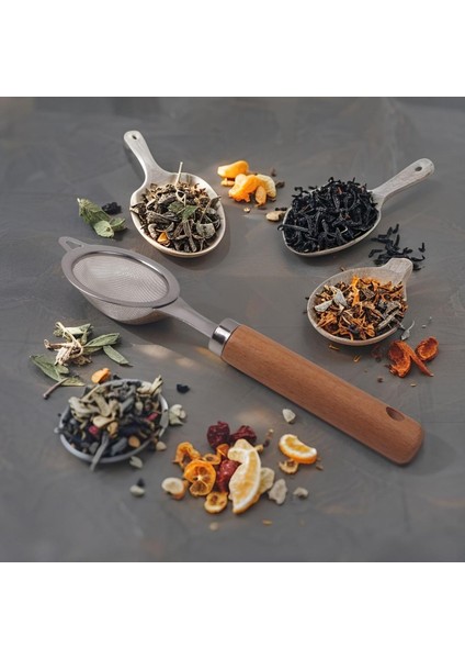 Paslanmaz Çelik Ahşap Saplı Çay Süzgeci | Silikon Saplı Süzgeç – Şık ve Fonksiyonel Sunum Aracı