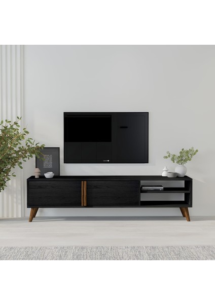 Dolaplı, Raflı Tv Sehpası, Oturma Odası Tv Ünitesi, Ahşap Siyah