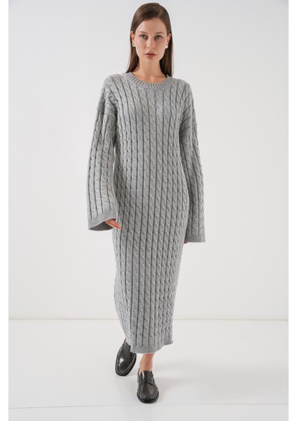 Kadın Örgülü Uzun Tiko Elbise 15944 - Gri