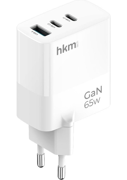 Hkm Tech Gan Multı 65W Usb-A ve 2*type-C Üç Portlu Hızlı Şarj Aleti, Güç Adaptörü, Beyaz