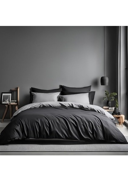 Çarşaflı Nevresim Takımı Çift Kişilik (2 Adet Yastık Kılıflı) (Siyah-Gri)