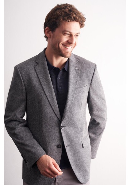 Siyah Mono Yaka Kendinden Desenli Pamuklu 4 Drop Comfort Fit Classic Ceket 1002255158