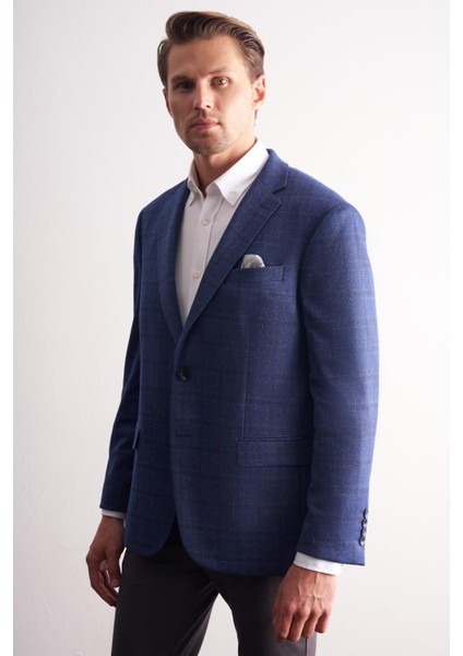 Koyu Lacivert Mono Yaka Kareli Desen Esnek 4 Drop Comfort Fit Classic Ceket 1002255156