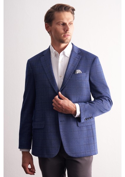 Koyu Lacivert Mono Yaka Kareli Desen Esnek 4 Drop Comfort Fit Classic Ceket 1002255156 modelleri
