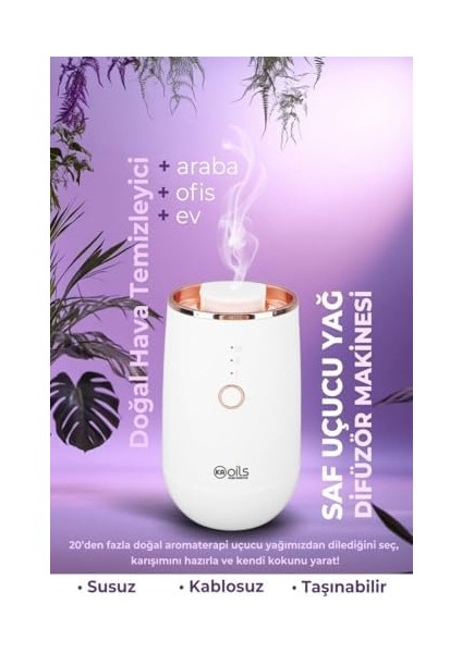 Kaoils Aromaterapi Uçucu Yağ Difüzörü – Kablosuz & Susuz | Otomatik, Taşınabilir, Şarjlı | 9 Renkli LED Işık | Araba ve Ofis Için Ideal | Beyaz modelleri