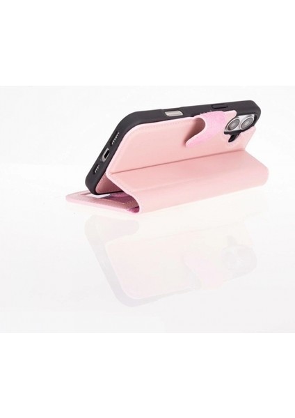 Apple iPhone 16 Uyumlu, Hakiki Deri, El Yapımı, Cüzdanlı Kılıf, Toz Pembe modelleri