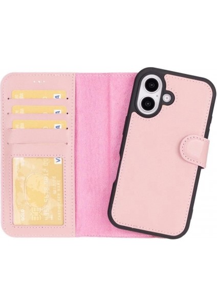 Apple iPhone 16 Uyumlu, Hakiki Deri, El Yapımı, Cüzdanlı Kılıf, Toz Pembe indirimleri