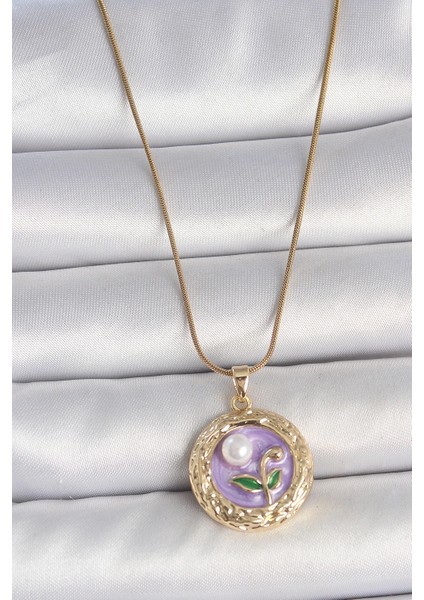 316L Çelik Gold Renk Zincir Mor Çiçek Işlemeli Inci Detay Potre Model Kadın Kolye