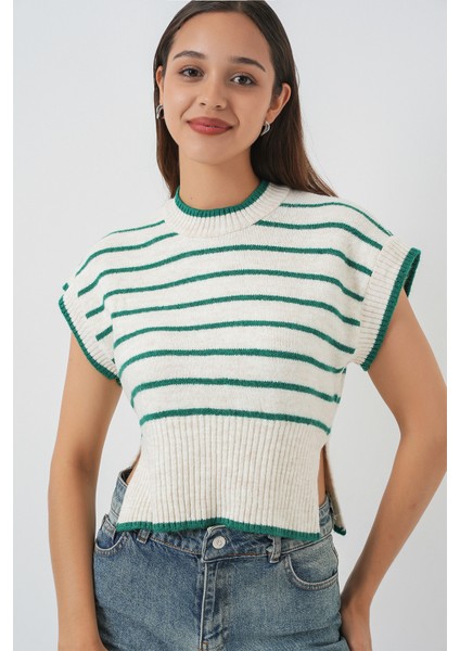 Kadın Çizgili Triko Süveter 15926 - Zümrüt Yeşili fırsatları