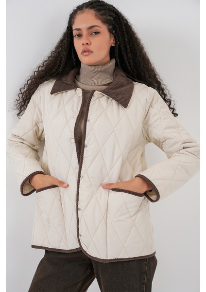 Kadın Kapitone Oversize Mont 5226 - Ekru Kahve