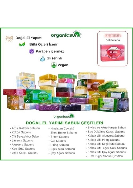 Organicsun Doğal Gül Sabunu 140 gr Tüm Cilt Tipleri Için Onarıcı Besleyici Natural