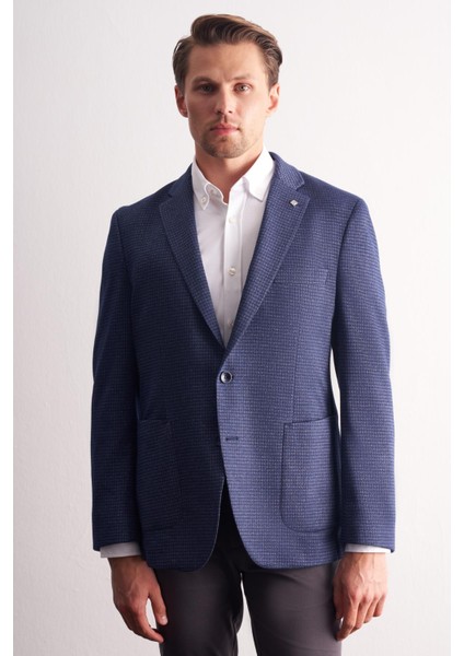 Lacivert Mono Yaka Kendinden Desenli Esnek 6 Drop Comfort Fit Classic Ceket 1002255154